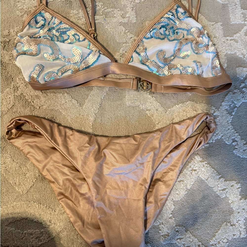 Beach bunny Mesh Sequin Bikini Top & Metallic Bronze Bottom